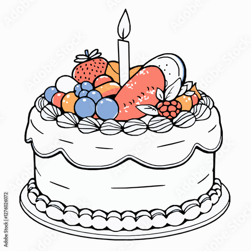 Black Outline Vector of Birthday Cake with Fruit Topping