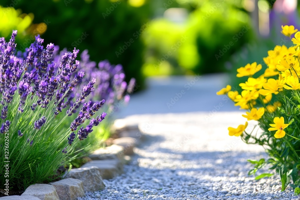 Obraz premium Sunlit Lavender and Yellow Garden Path - Tranquil garden scene, symbolizing serenity, growth, beauty, peace, and renewal. A sunlit path lined with vibrant lavender and yellow flowers