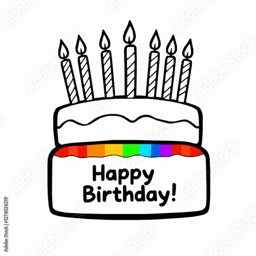 Black Outline Vector of Birthday Cake with Rainbow Layers