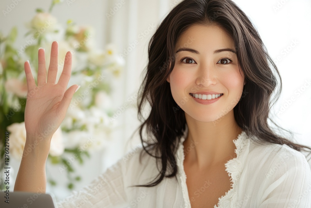 Woman waving hello video call home office flowers Woman waving hello video call home office flowers