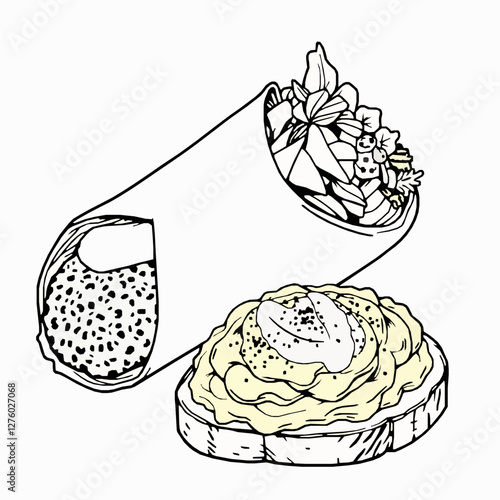 Black Outline Vector of Falafel Wrap with Tzatziki Sauce