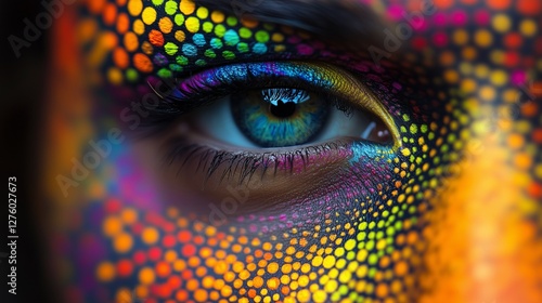 Closeup of a woman's face with colorful dots. Contemporary art pop art. Art trends and fashion for women. A detailed view of a woman's face adorned with vibrant lifestyle dots.