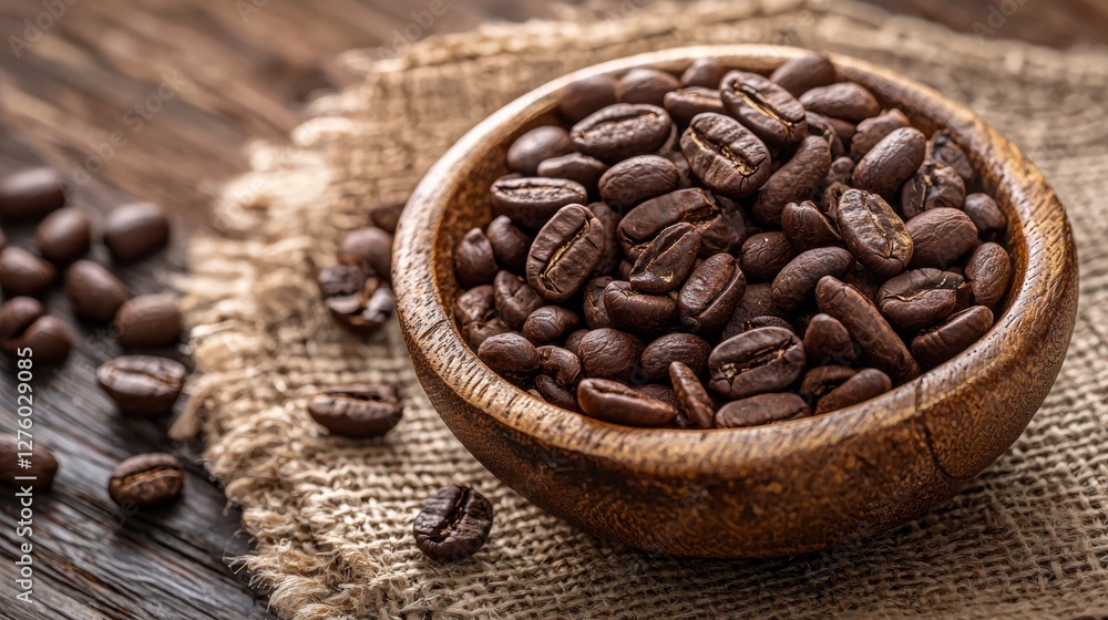 Fototapeta premium Bowl of roasted coffee beans on burlap