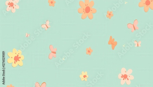 Wallpaper Mural Flowers and butterflies pattern on blue background. Decorative and suitable for backgrounds Torontodigital.ca