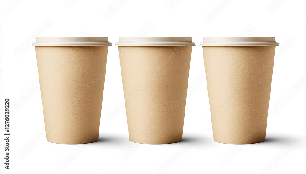Three disposable coffee cups, studio shot, white background Three disposable coffee cups, studio shot, white background