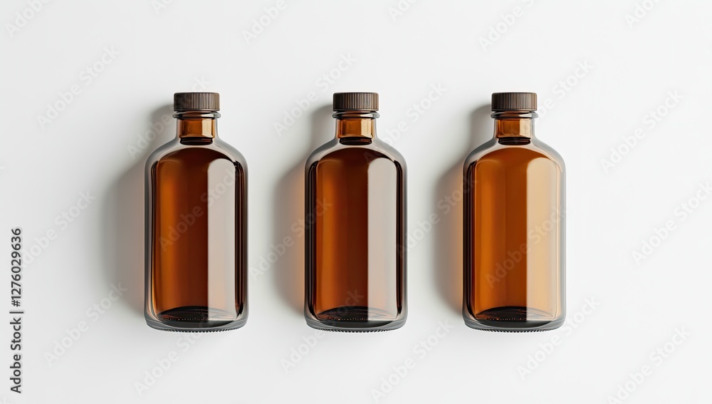 Three amber glass bottles, top view, mock-up, white background Three amber glass bottles, top view, mock-up, white background