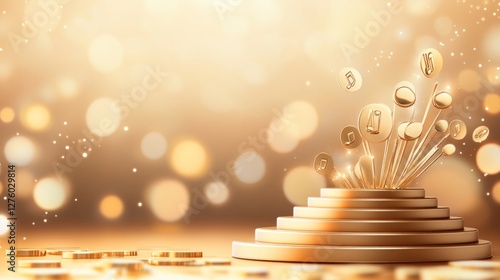 Golden Award Stage with Musical Notes Background