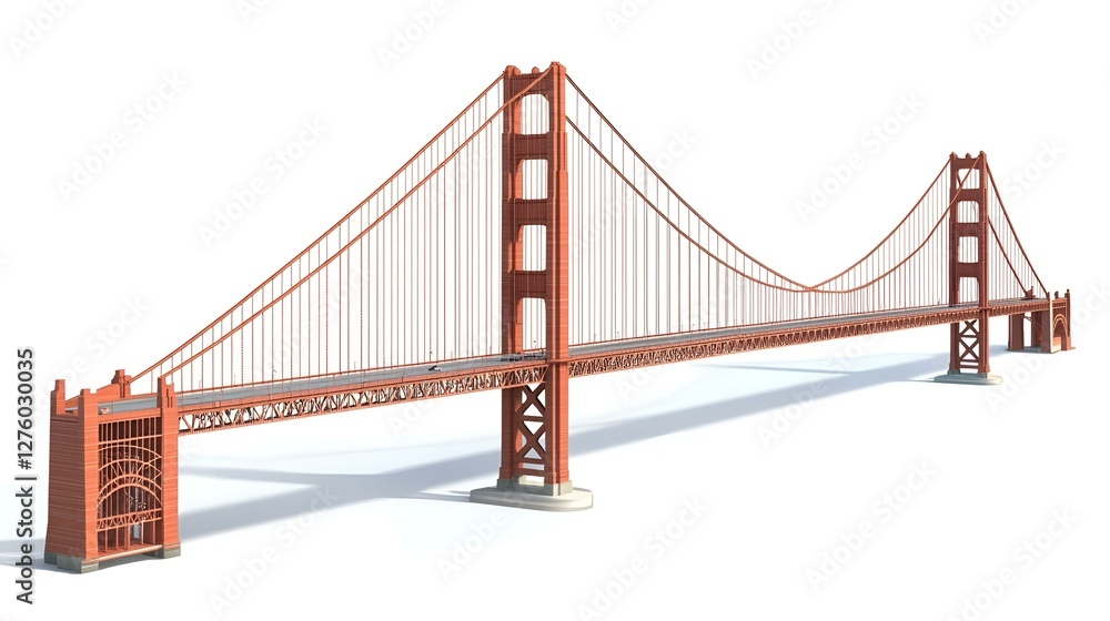 Fototapeta premium Golden Gate Bridge with red suspension cables and towers isolated on white background