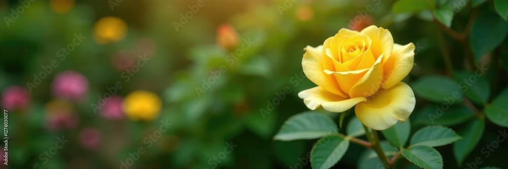 Yellow rose in a small, secluded corner of the garden, flowers, foliage Yellow rose in a small, secluded corner of the garden, flowers, foliage