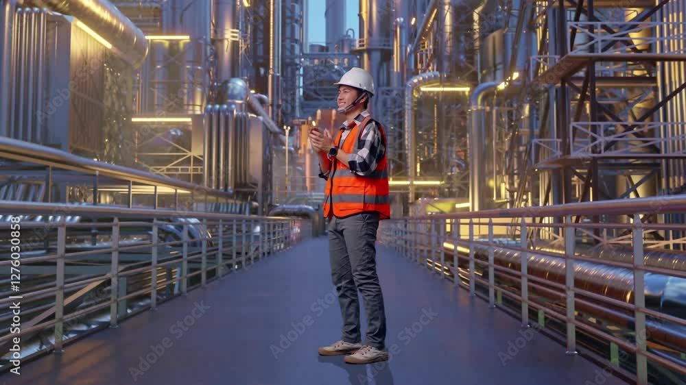 Full Body Side View Of Asian Male Engineer With Safety Helmet Smiling And Clapping His Hands While Standing At A Vast Oil Refinery Full Body Side View Of Asian Male Engineer With Safety Helmet Smiling And Clapping His Hands While Standing At A Vast Oil Refinery