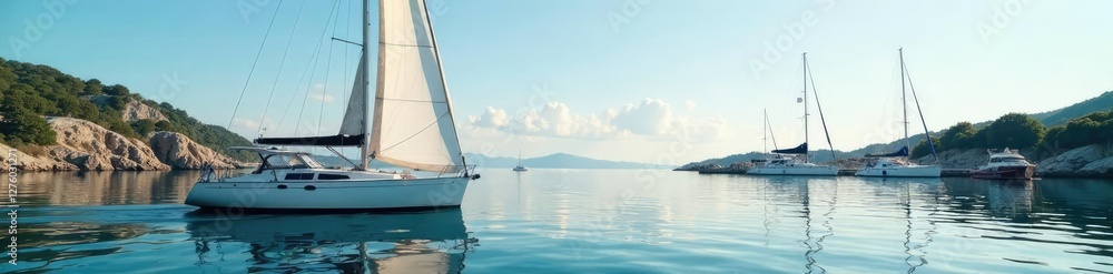Sailboat in calm waters with Split waterfront, waters, marina, sailboat Sailboat in calm waters with Split waterfront, waters, marina, sailboat