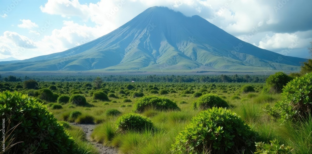 Volcanic landscape with lush greenery and unique wildlife, galapagos, endemic species, planet Volcanic landscape with lush greenery and unique wildlife, galapagos, endemic species, planet
