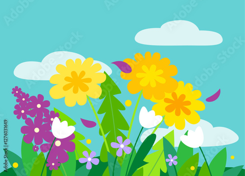 Spring flower meadow background with dandelions in vector, flat style.