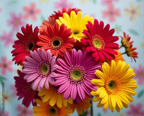 A vibrant bouquet of colorful gerbera daisies against a floral backdrop, showcasing a mix of red, pink, yellow, and orange blooms.