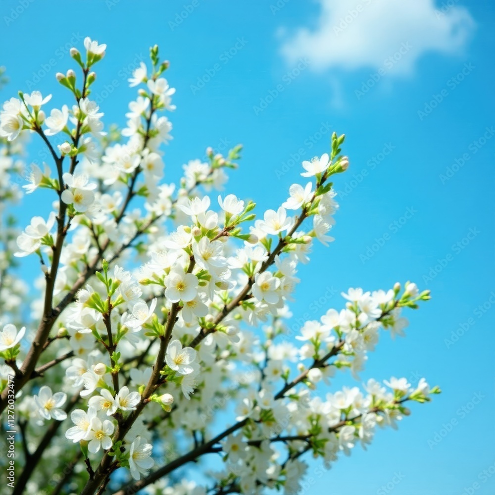 Spring bush with white flowers against a blue sky background, spring, blue sky Spring bush with white flowers against a blue sky background, spring, blue sky