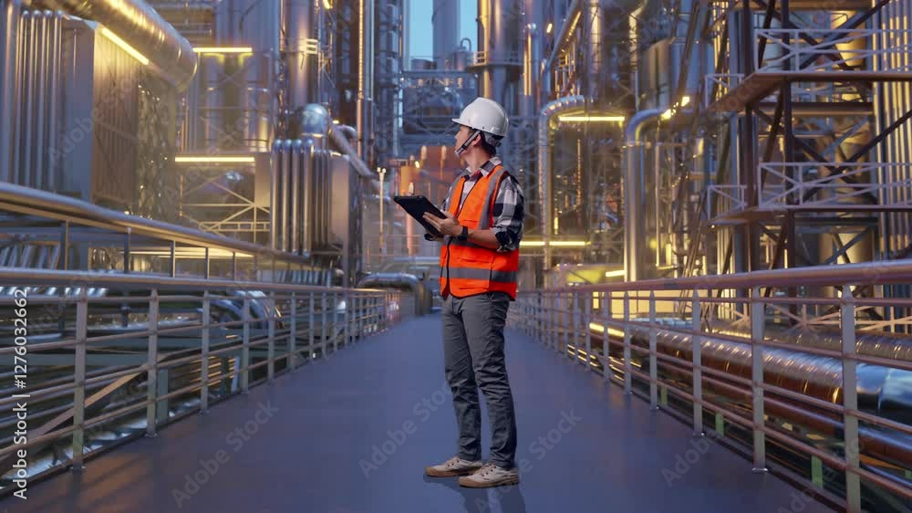 Full Body Side View Of Asian Male Engineer With Safety Helmet Taking Note On The Tablet And Looking Around While Standing At A Vast Oil Refinery Full Body Side View Of Asian Male Engineer With Safety Helmet Taking Note On The Tablet And Looking Around While Standing At A Vast Oil Refinery