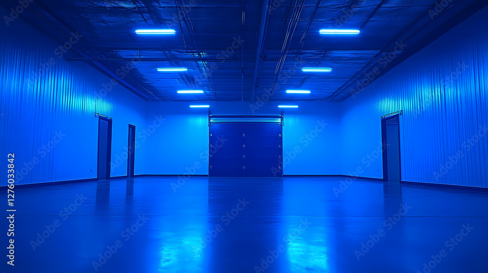 Fototapeta premium Empty Warehouse Interior Lit with Blue Neon Lighting
