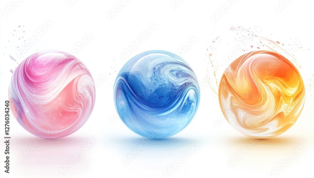 Colorful marble spheres with splash effects on white background