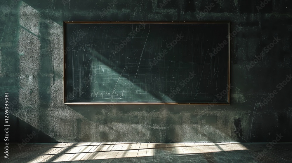 A blank chalkboard with a wooden frame, in an empty room with a shaft of light on the floor and walls. A blank chalkboard with a wooden frame, in an empty room with a shaft of light on the floor and walls.