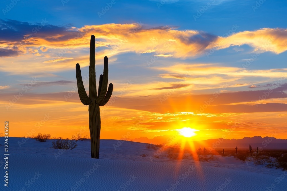 Saguaro Silhouette Sunset Dunescape - Majestic saguaro cactus silhouetted against a vibrant sunset over pristine white sand dunes. Symbolizing resilience, solitude, beauty, serenity Saguaro Silhouette Sunset Dunescape - Majestic saguaro cactus silhouetted against a vibrant sunset over pristine white sand dunes. Symbolizing resilience, solitude, beauty, serenity