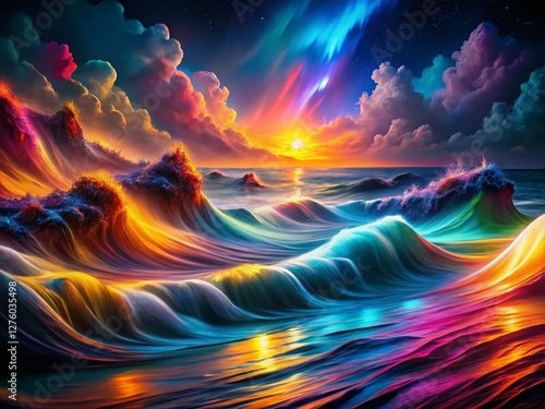 Abstract Colorful Wave, Fluid Paint Swirl, Night Photography, Black Background, Dynamic Energy