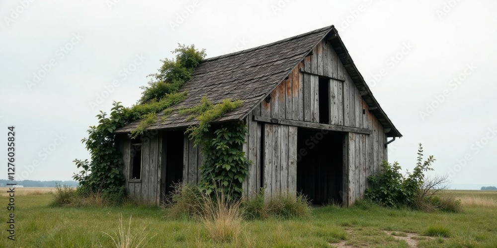 Rustic wooden barn weathered by time, overtaken by climbing vines, stands solitary in a field of tall grass under a pale sky Rustic wooden barn weathered by time, overtaken by climbing vines, stands solitary in a field of tall grass under a pale sky