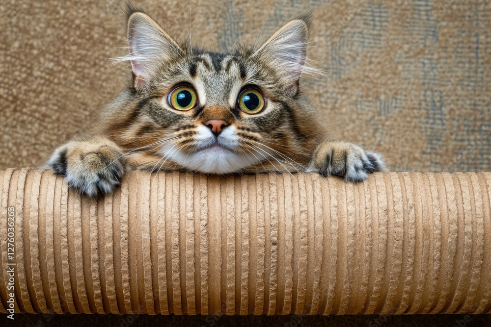 Obraz premium Cat Scratcher. Playful Fluffy Kitten taking a break from playtime on Cardboard Cat Scratcher