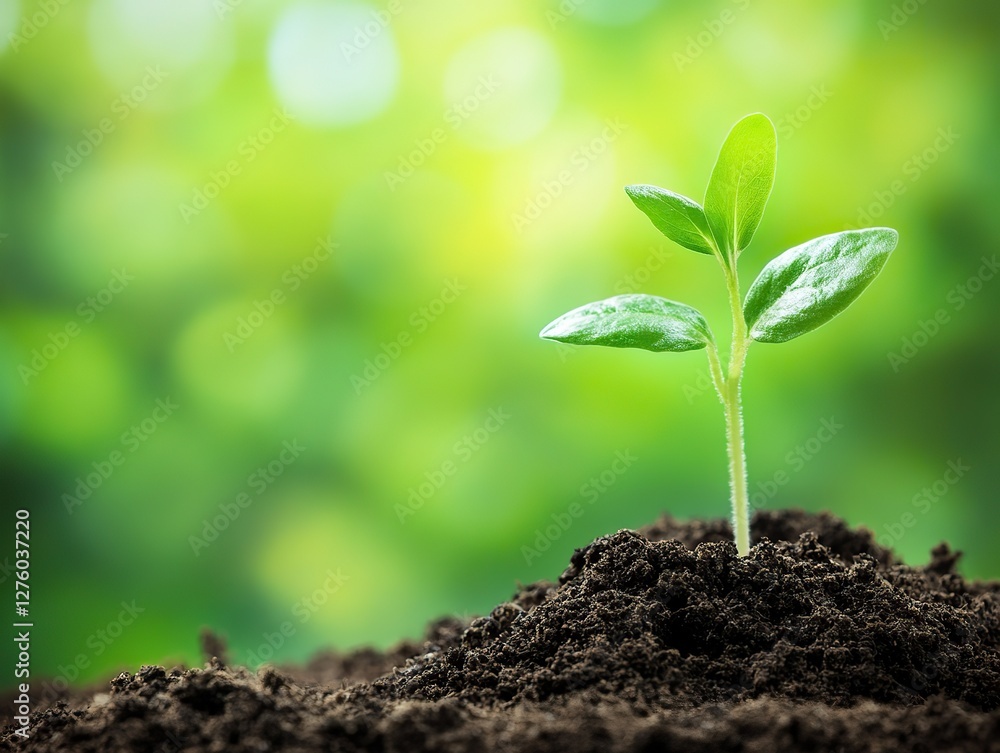 Fototapeta premium Young seedling sprouting from brown soil on a blurred green background, symbolizing new life and growth in challenging environments.