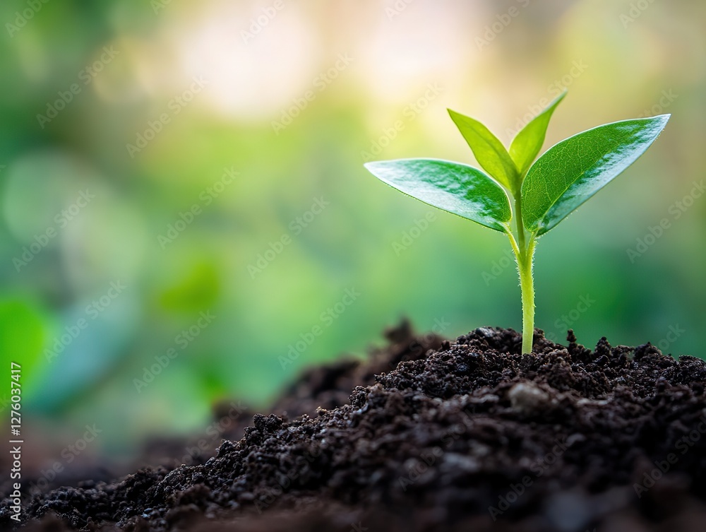 Young seedling sprouting from brown soil on a blurred green background, symbolizing new life and growth in challenging environments. Young seedling sprouting from brown soil on a blurred green background, symbolizing new life and growth in challenging environments.