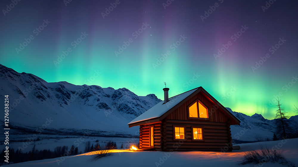 Fototapeta premium A small wooden cabin nestled in a snowy mountain landscape, warm golden light glowing from the windows. The sky is filled with the mesmerizing colors of the Northern Lights