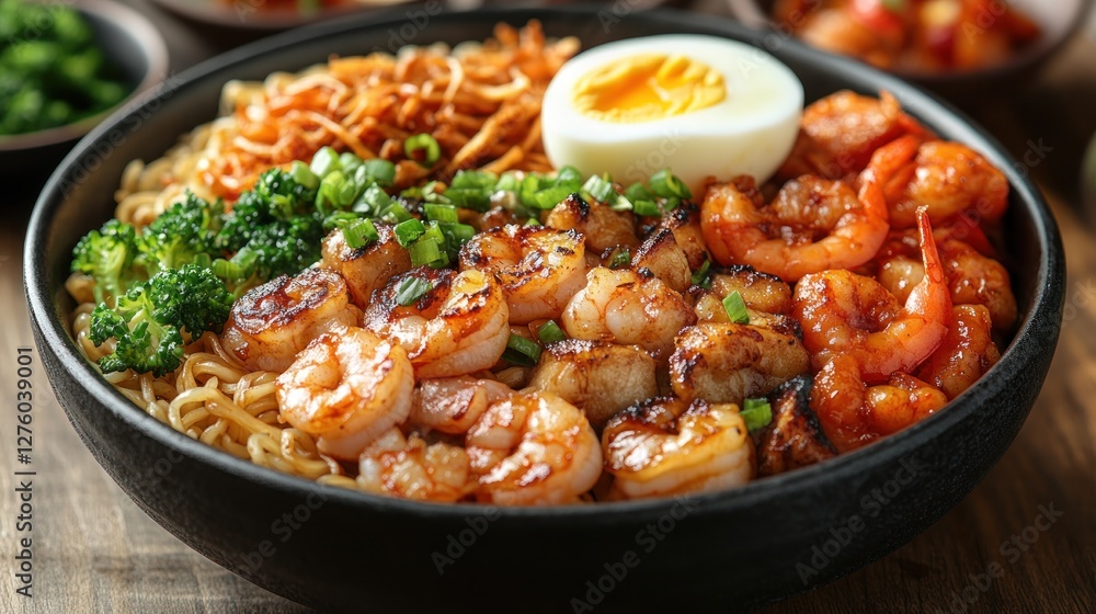 Delicious Shrimp Ramen Bowl with Egg and Vegetables Delicious Shrimp Ramen Bowl with Egg and Vegetables