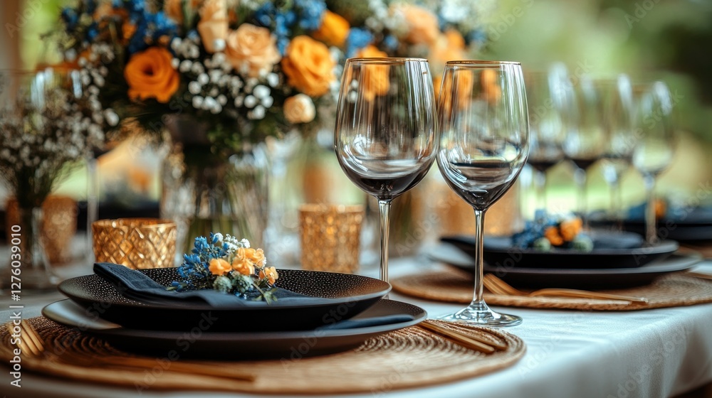 Fototapeta premium Elegant outdoor dining table setting with flowers