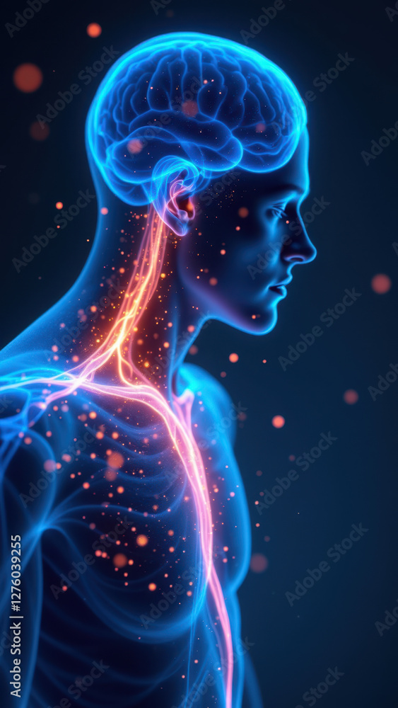 Vagus Nerve Stimulation - a digital artwork of a person with their brain illuminated by glowing light emanating from their neck and chest area. Vagus Nerve Stimulation - a digital artwork of a person with their brain illuminated by glowing light emanating from their neck and chest area.