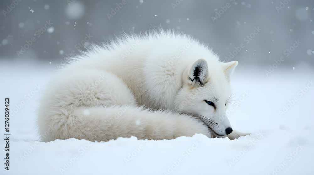 Fototapeta premium A fluffy Arctic fox curls up in the snow, its thick white fur blending seamlessly with the frozen landscape. This serene scene captures the beauty, resilience, and adaptability of wildlife.