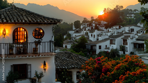 Sunset over whitewashed village, Andalusian hills, Spain; travel, tourism photo