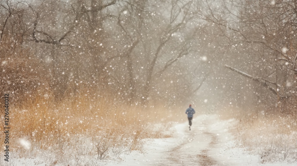 Individual Running on Snowy Path Amidst Falling Snowflakes in Winter Individual Running on Snowy Path Amidst Falling Snowflakes in Winter