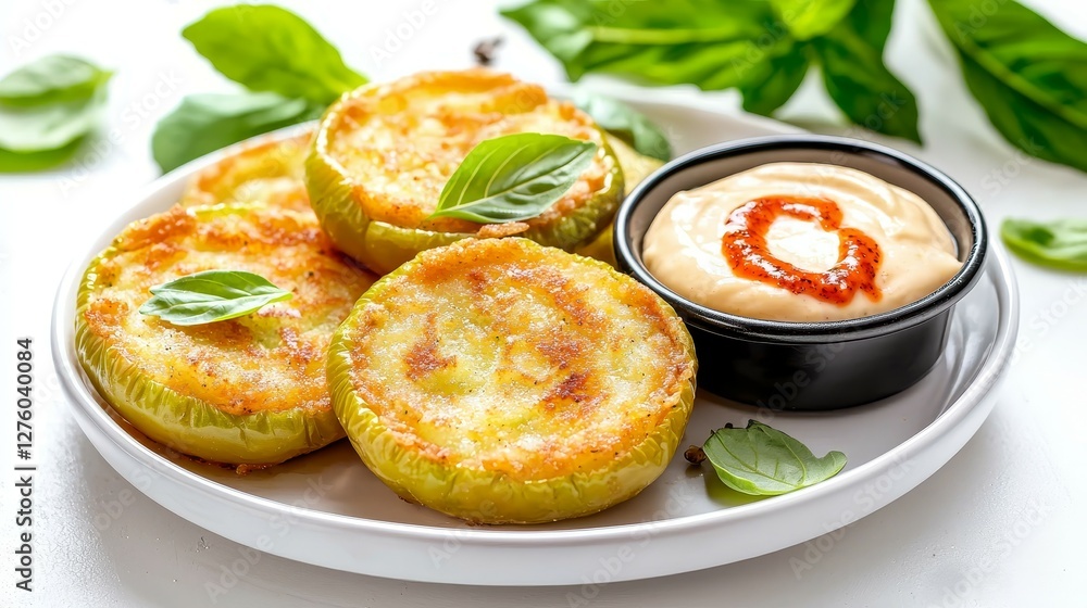 Fried Green Tomatoes concept. Crispy fried zucchini slices served with dipping sauce and fresh basil garnish. Fried Green Tomatoes concept. Crispy fried zucchini slices served with dipping sauce and fresh basil garnish.