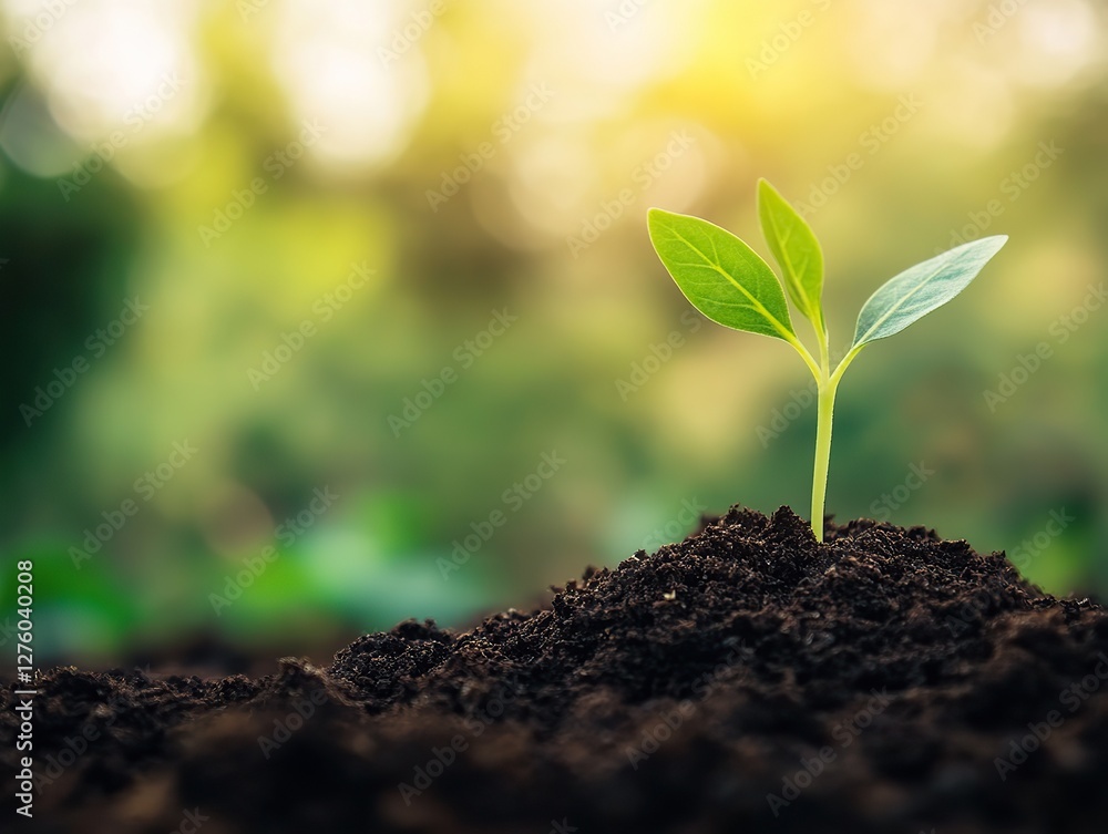 Fototapeta premium Young seedling sprouting from brown soil on a blurred green background, symbolizing new life and growth in challenging environments.