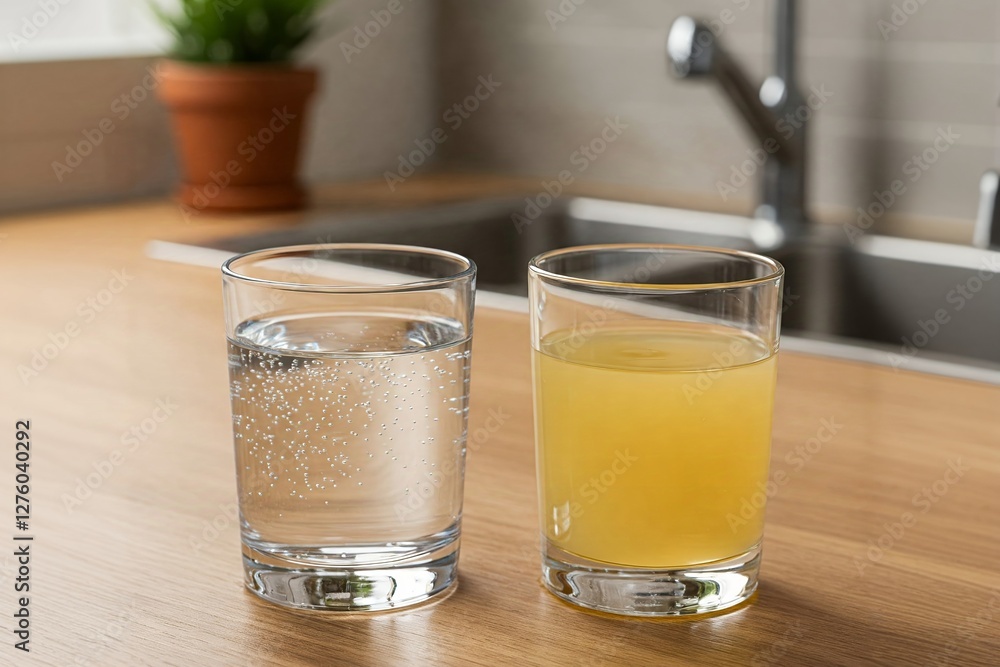 Two glasses on a wooden countertop: one filled with clear sparkling water, the other with yellow juice, near a potted plant. Two glasses on a wooden countertop: one filled with clear sparkling water, the other with yellow juice, near a potted plant.