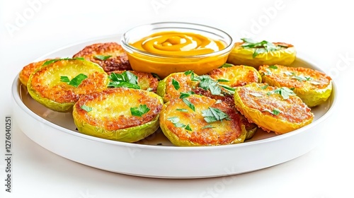 Wallpaper Mural Fried Green Tomatoes concept. Crispy fried green tomatoes served with a tangy dipping sauce on a plate. Torontodigital.ca