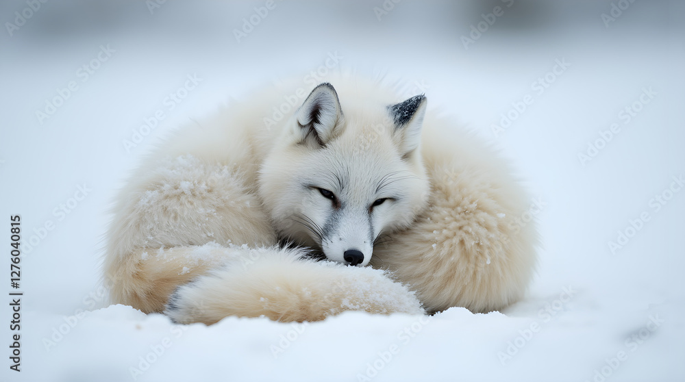 Obraz premium A fluffy Arctic fox curls up in the snow, its thick white fur blending seamlessly with the frozen landscape. This serene scene captures the beauty, resilience, and adaptability of wildlife.