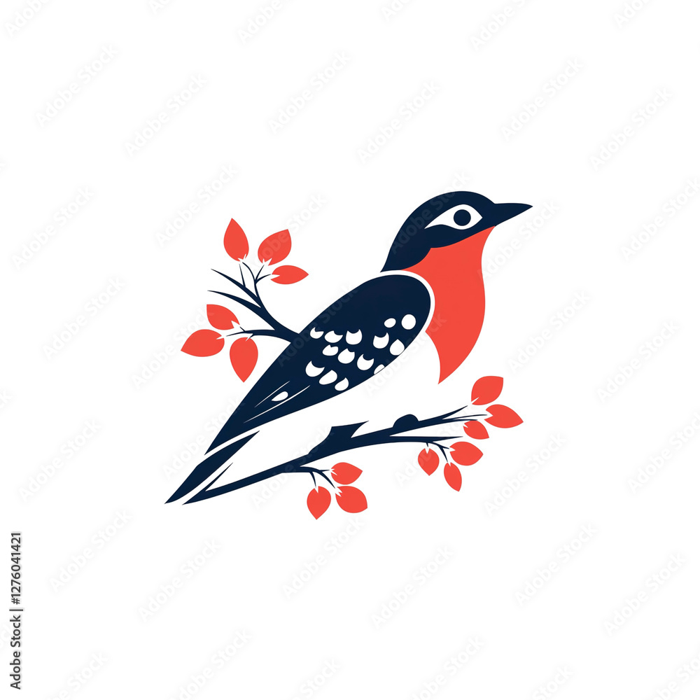 Elegant Bird on Branch with Red Leaves - Artistic Illustration Elegant Bird on Branch with Red Leaves - Artistic Illustration