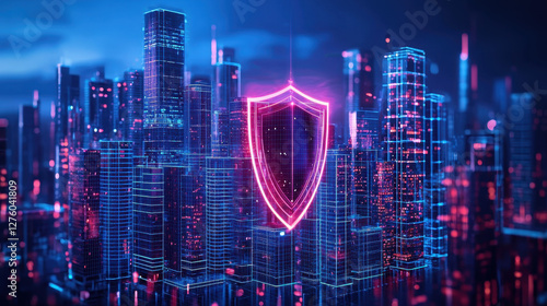 Futuristic VR cityscape under cyber attack with glowing shields and holographic forces defending against digital threats