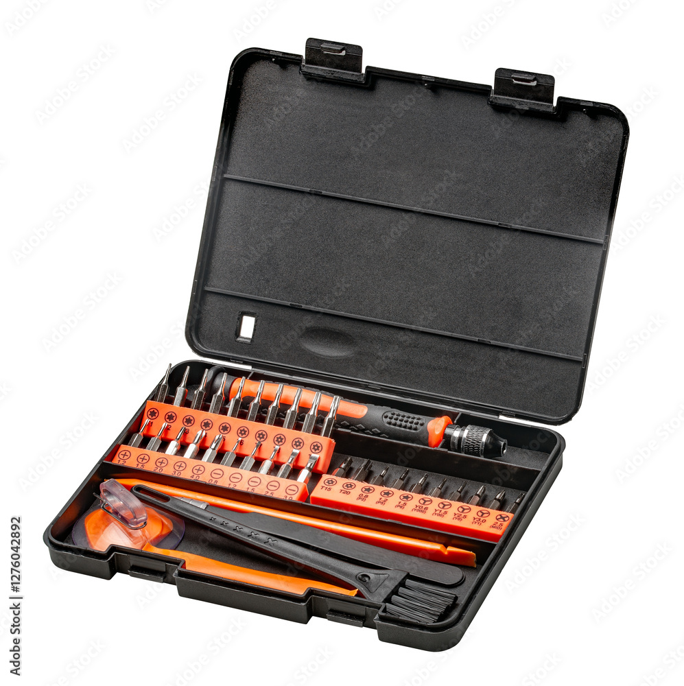 Set of magnetic precision screwdriver bits with black and orange handle in a black case on white background Set of magnetic precision screwdriver bits with black and orange handle in a black case on white background