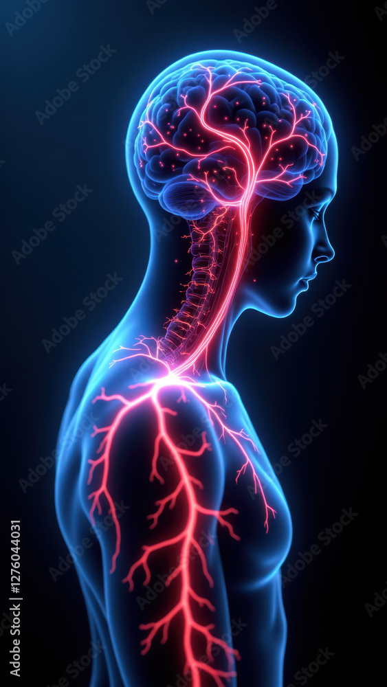 Medical image showing a person's head and neck with highlighted vascular system to represent Vagus Nerve Stimulation (VNS). Medical image showing a person's head and neck with highlighted vascular system to represent Vagus Nerve Stimulation (VNS).