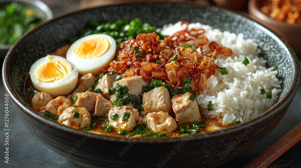 Delicious Chicken and Rice Bowl with Crispy Onions and Boiled Eggs Delicious Chicken and Rice Bowl with Crispy Onions and Boiled Eggs