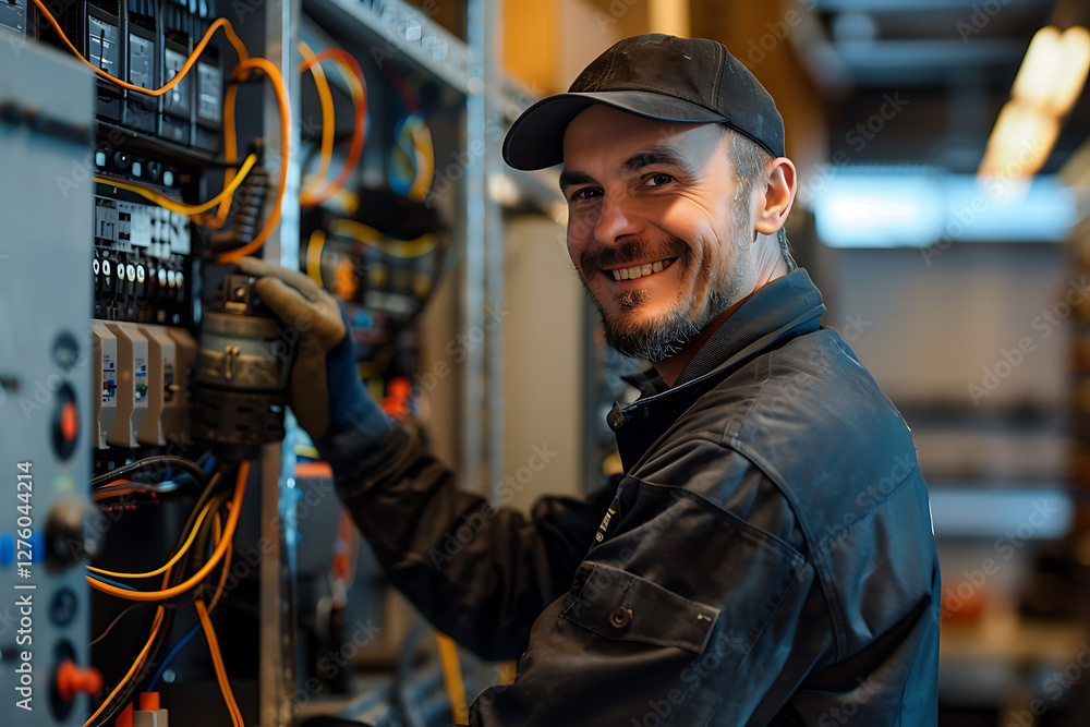 professional electrician, a professional electrician in a modern loft, working with advanced tools, appears confident and organized in a well-lit space professional electrician, a professional electrician in a modern loft, working with advanced tools, appears confident and organized in a well-lit space