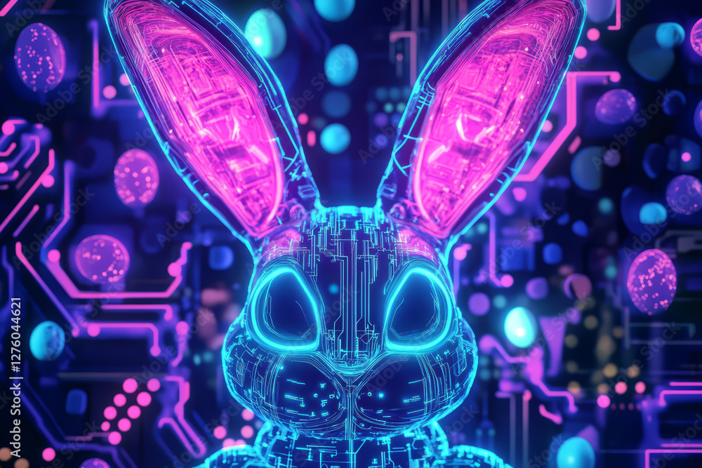 Fototapeta premium A high-tech, futuristic Easter Bunny with robotic elements, glowing neon outlines, and a background filled with circuit board patterns and digital Easter eggs.