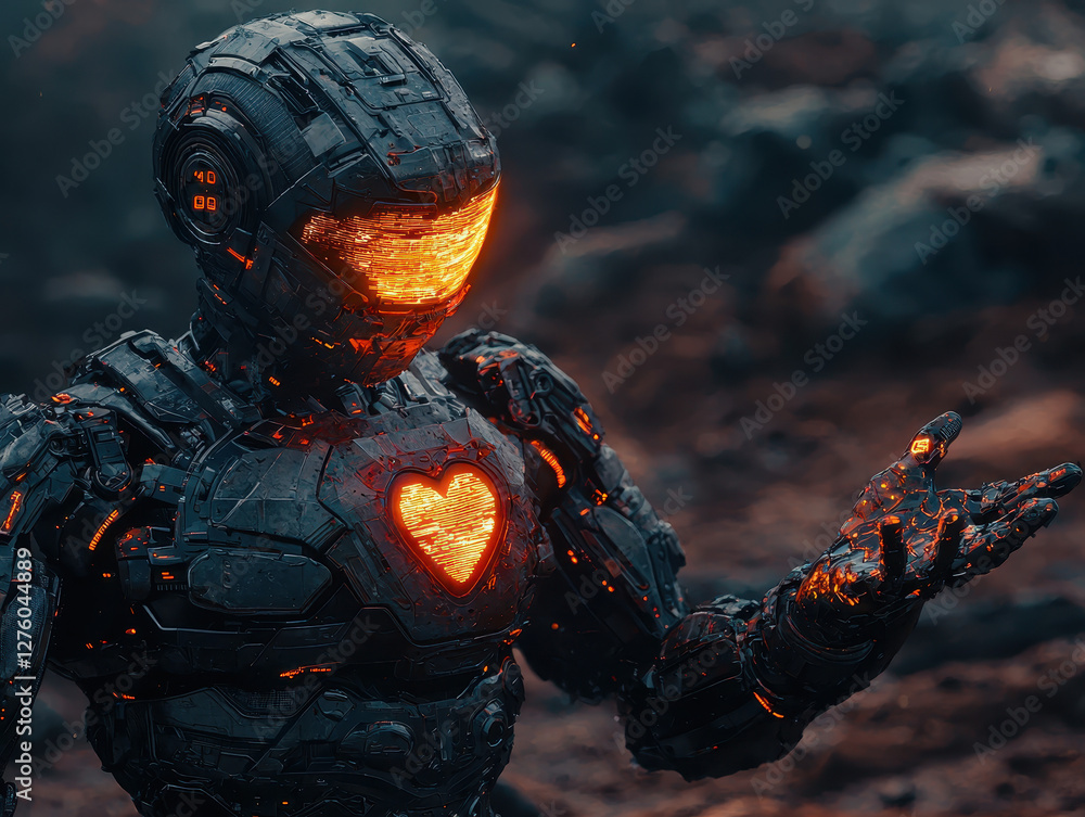 Humanoid AI with glowing holographic heart reaches out to human hand, showcasing digital empathy and connection in a futuristic setting Humanoid AI with glowing holographic heart reaches out to human hand, showcasing digital empathy and connection in a futuristic setting