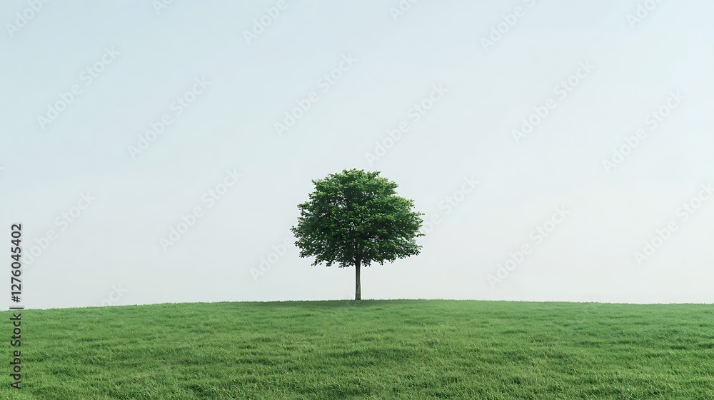 Lone Tree Stands Tall in Verdant Field Under Pale Sky Lone Tree Stands Tall in Verdant Field Under Pale Sky